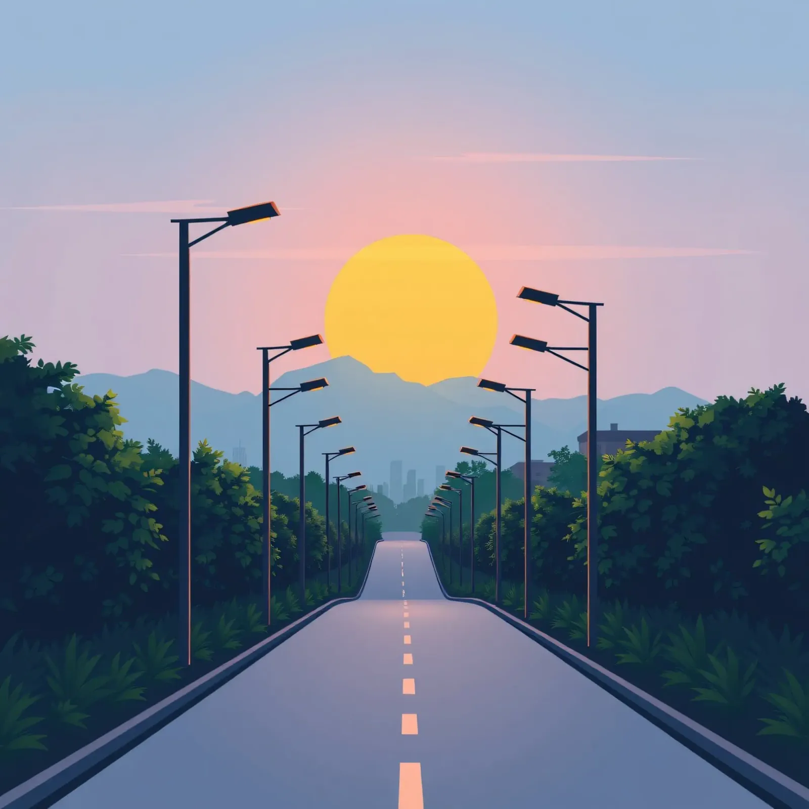 Tramonto su una strada tranquilla fiancheggiata da lampioni pellicola backlit da DesignDoodle
