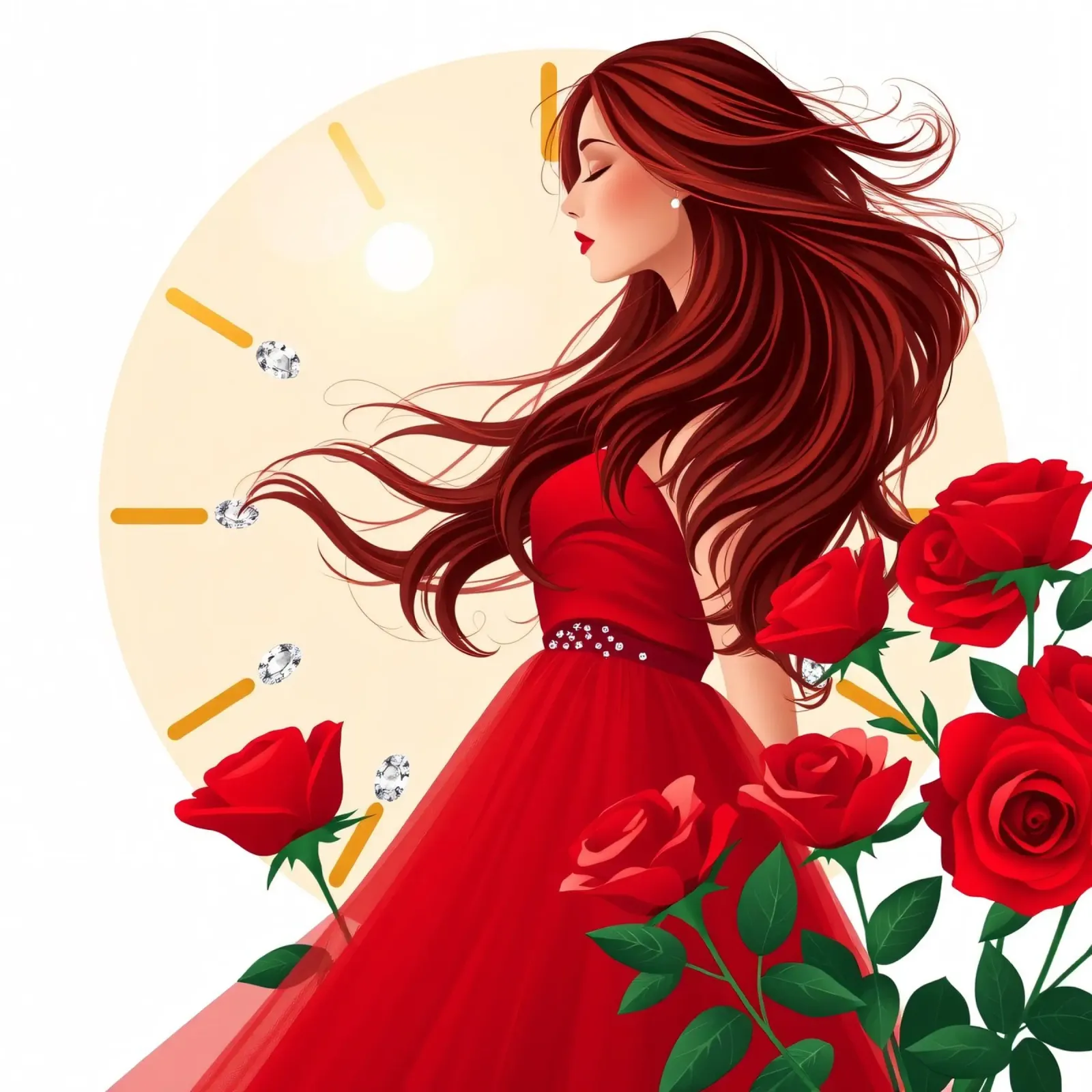 Una donna in un fluente abito rosso circondata da rose in fiore carta hahnemühle da DesignDoodle