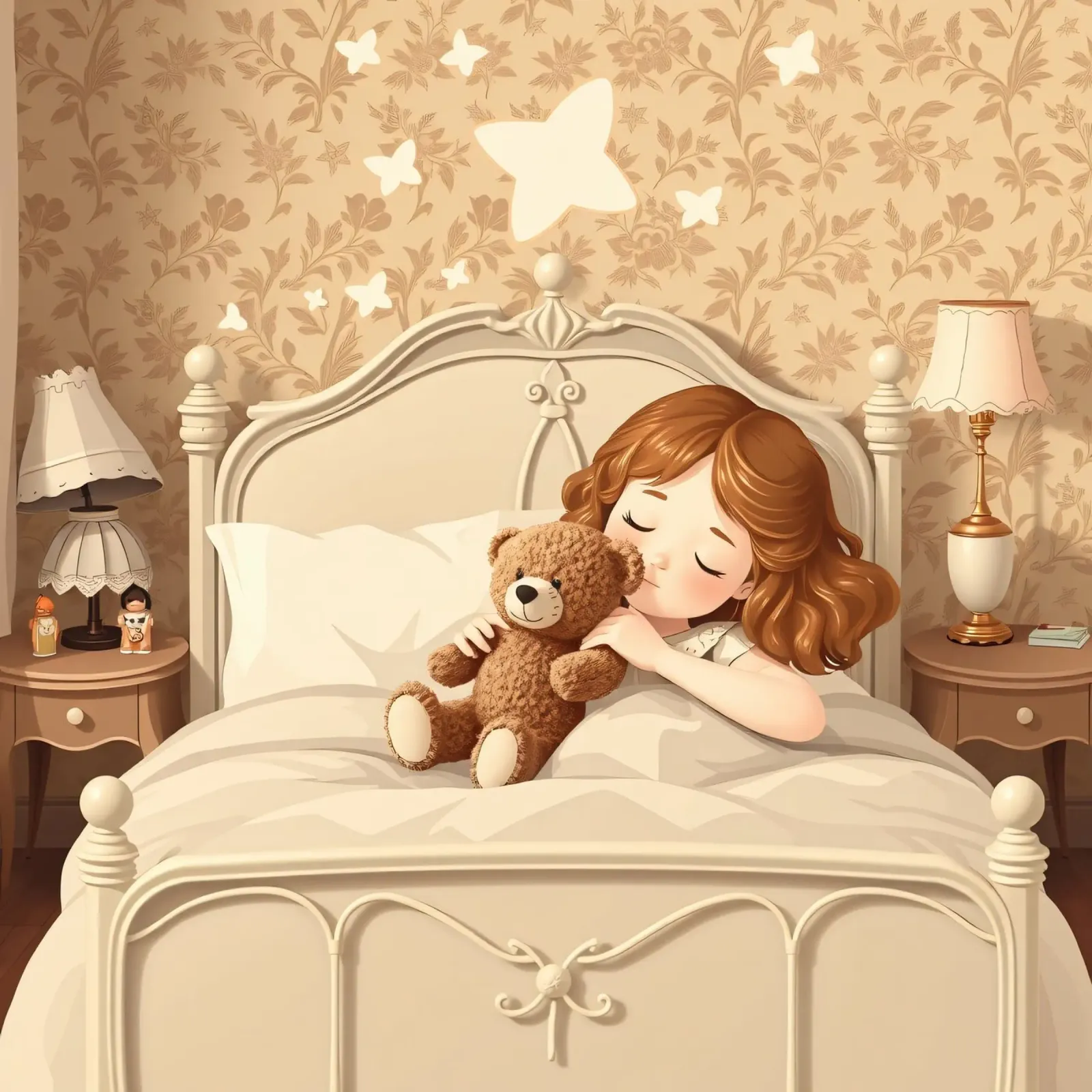 Ein junges Mädchen schläft friedlich in ihrem gemütlichen Schlafzimmer und kuschelt Hahnemühle von DesignDoodle